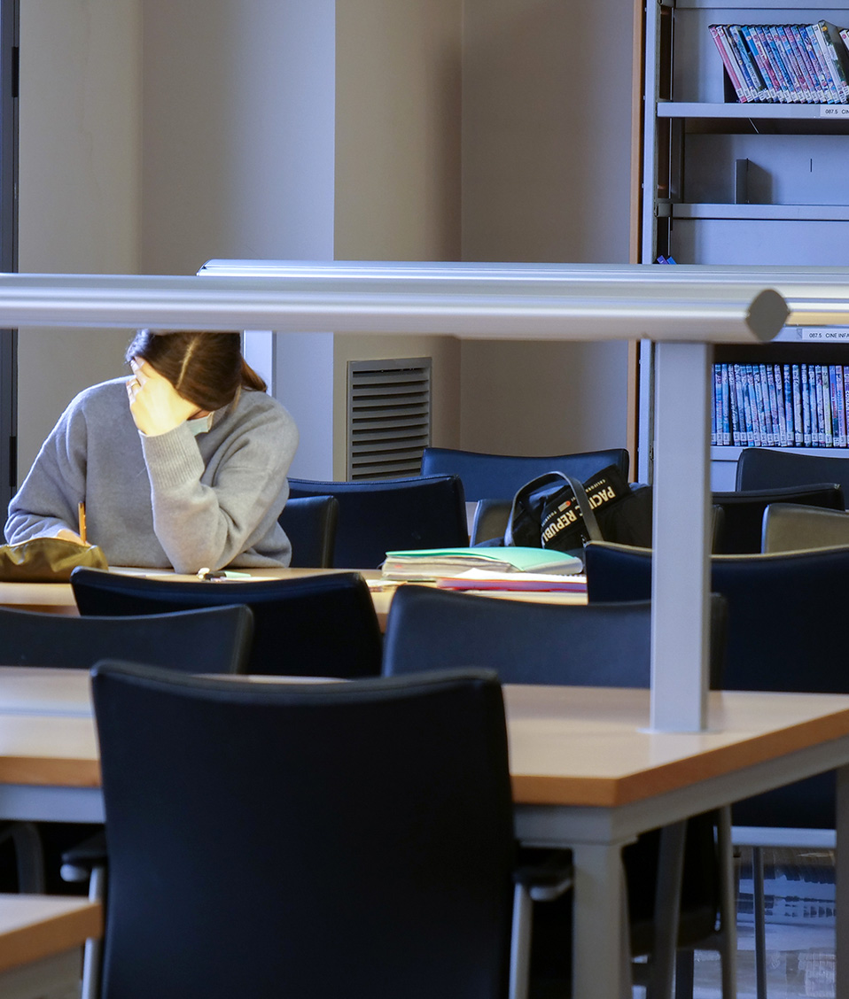 Estudiante en sala de estudio o biblioteca en la sección de cine infantil y juvenil