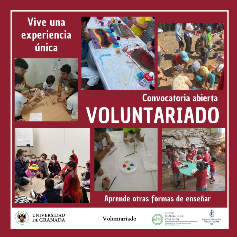 Cartel de voluntariado niños pinturas aulas maestros acuarelas pinceles excavacion cubos