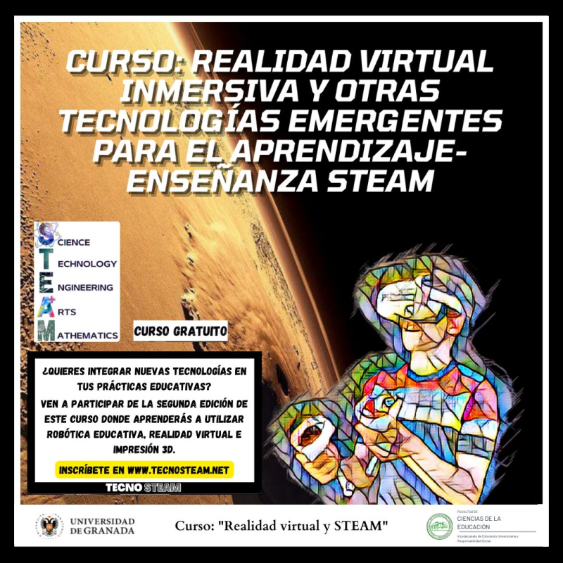 Cartel curso realidad virtual y otras tecnologías persona gafas mandos realidad virtual planeta cartel