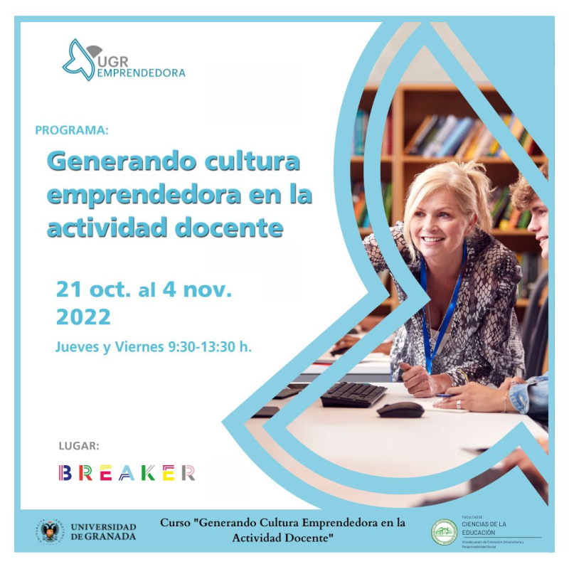 Cartel Generando cultura emprendedora en la actividad docente mujer hombre mesa libros librería ratón teclado