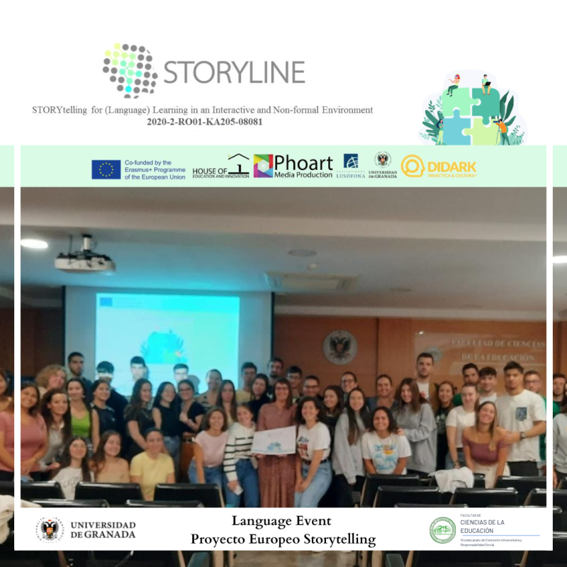 Storytelling noticia estudiantes proyector multitud personas aula manjon