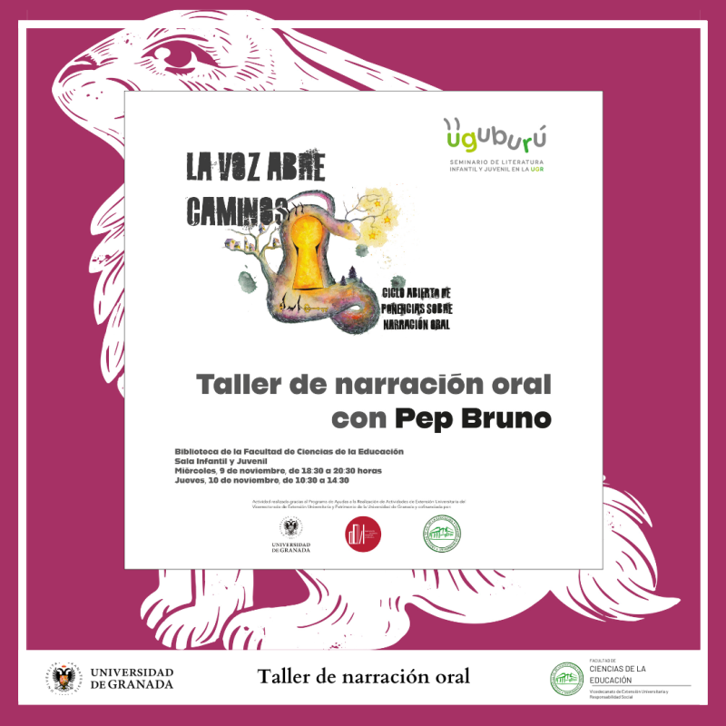 Taller de narración oral con Pep Bruno criatura fantasía cerradura dibujo arbol cartel