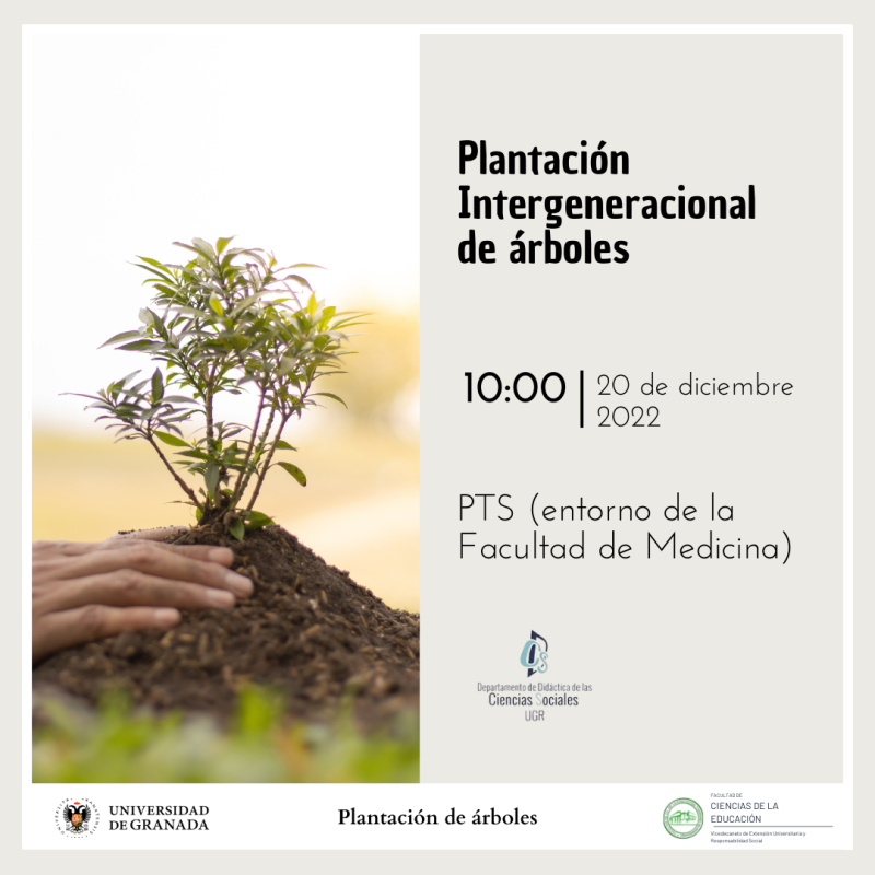 Plantación intergeneracional de árboles arbol pequeño mano tierra cartel