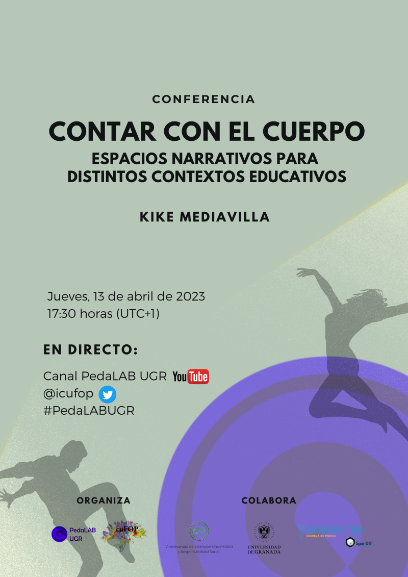 Cartel Contar con el cuerpo: espacios narrativos para distintos contextos educativos Cartel dibujos circulo violeta