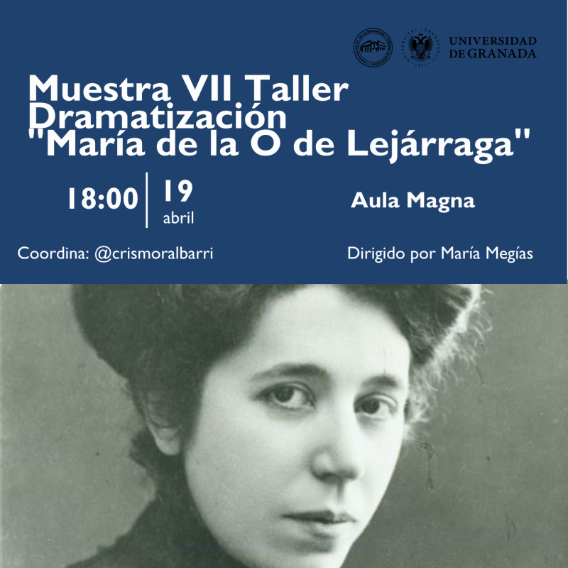 Muestra VII Taller de dramatización Foto blanco negro María de la O de Lejárraga cartel texto