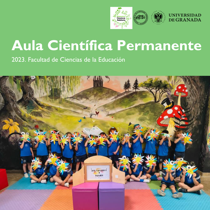 Aula Científica Permanente 2023 Infografía de la actividad con fotografía de los peques
