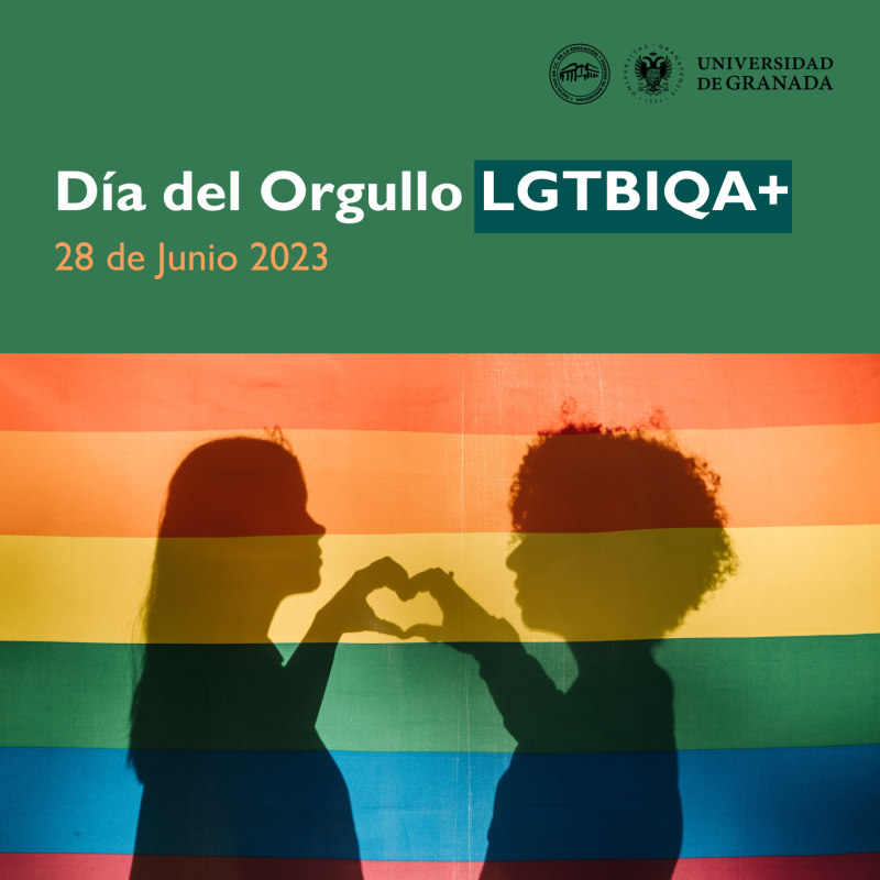 Día del Orgullo LGTBIQA+ Infografía con silueta de 2 personas y fondo de la bandera multicolor