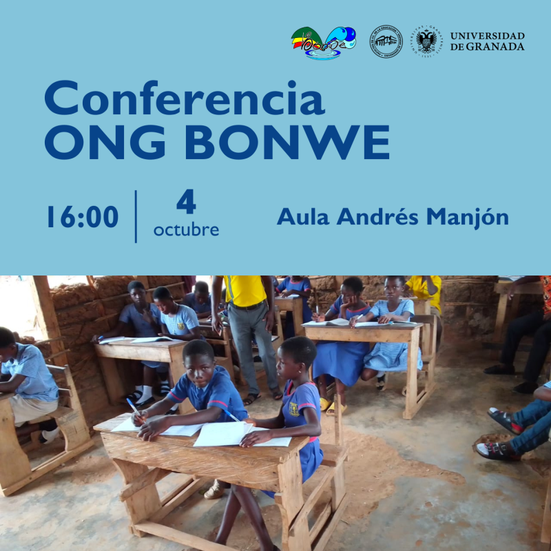 Conferencia: ONG BONWE Infografía con información sobre la conferencia e imagen de niños en la escuela