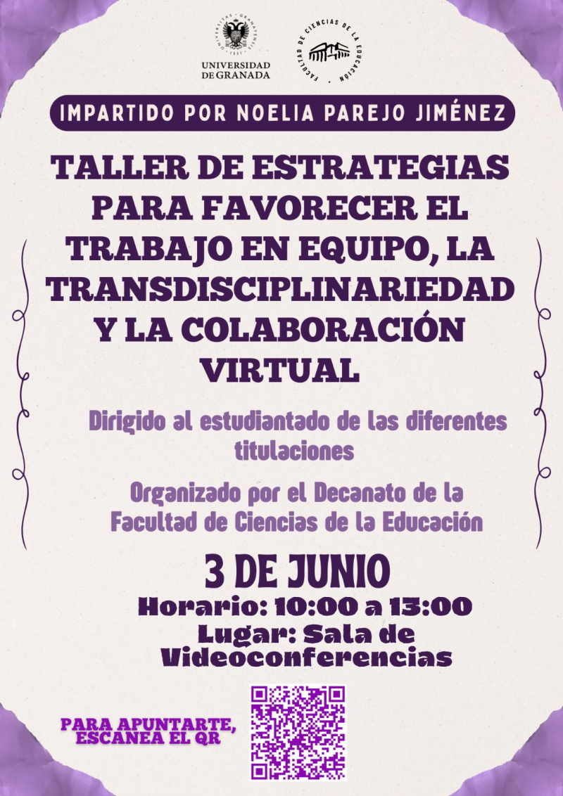 Estrategias para favorecer el trabajo en equipo, la transdisciplinariedad y la colaboración virtual Cartel con los datos del taller