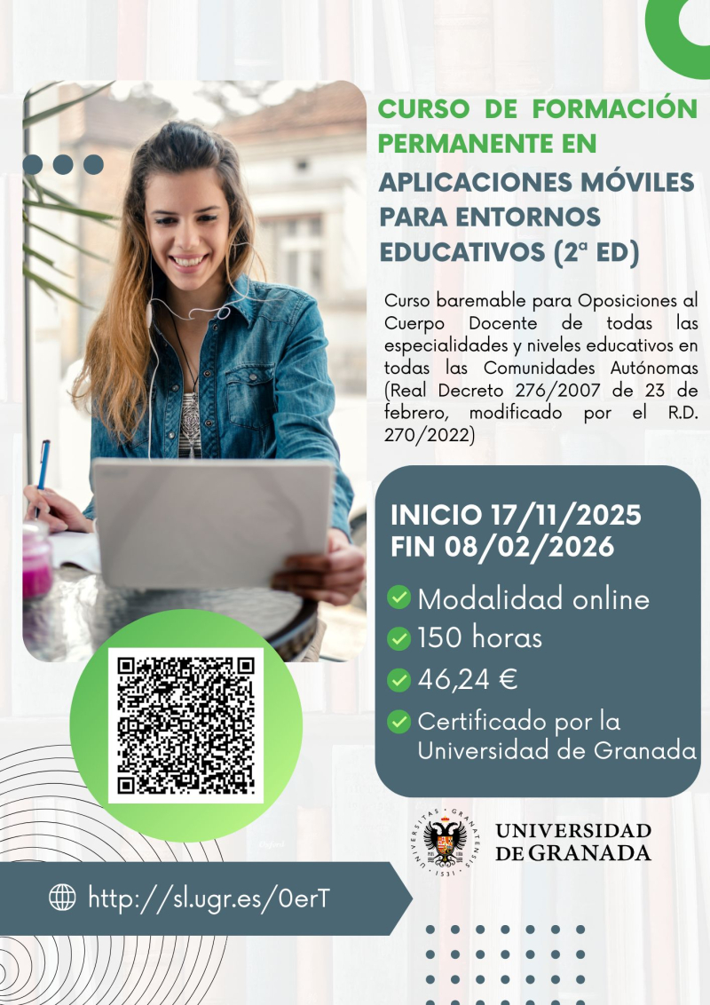 Curso de formación permanente de Aplicaciones Móviles para Entornos Educativos (2º ed) Infografía con los datos del curso